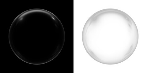 Transparent bubble overlay on contrasting black and white backgrounds, showcasing reflections and light refraction, ideal for creative design and artistic projects