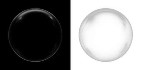 Transparent bubble overlay on contrasting black and white backgrounds, showcasing reflections and light refraction, ideal for creative design and artistic projects