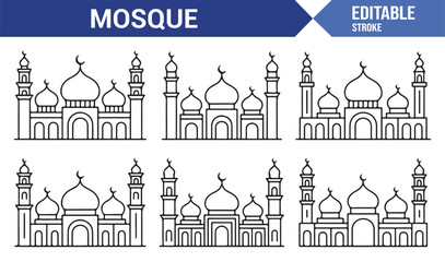 Modern mosque architecture icons in simple vector line style for graphic design