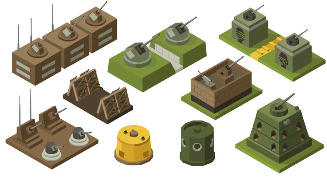 Isometric military defense structures: turrets, bunkers, barricades in strategic design