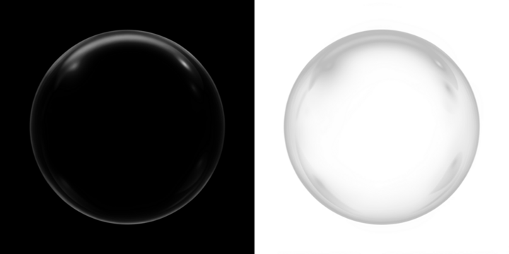 Transparent bubble overlay on contrasting black and white backgrounds, showcasing reflections and light refraction, ideal for creative design and artistic projects