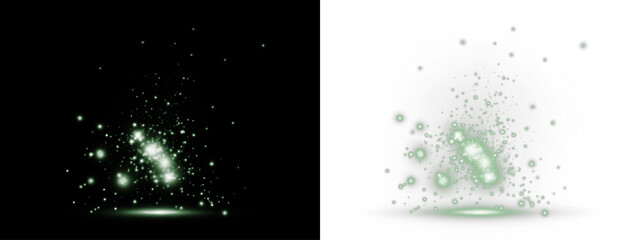 Green glowing particles and light effects on black and white backgrounds, creating a magical atmosphere with vibrant energy and dynamic movement for creative design projects
