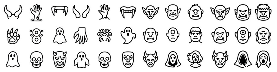 Obraz premium Halloween and horror outline icons set – linear, spooky, ghost and monster symbols