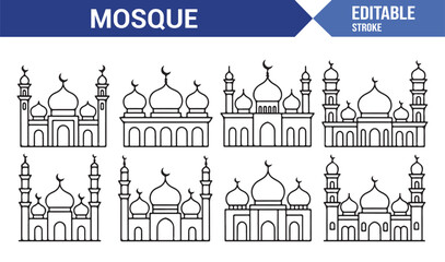 Fototapeta premium Islamic mosque outline collection — domes, arches, and minarets line drawings