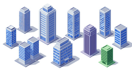 Isometric urban architecture set featuring modern skyscrapers and city buildings