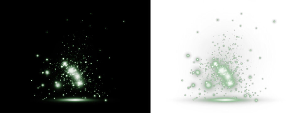 Green glowing particles and light effects on black and white backgrounds, creating a magical atmosphere with vibrant energy and dynamic movement for creative design projects
