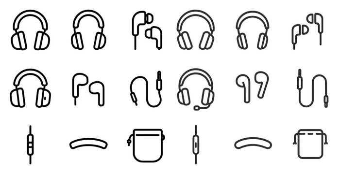 Headphones and earbuds outline icons set – audio, sound, music symbols