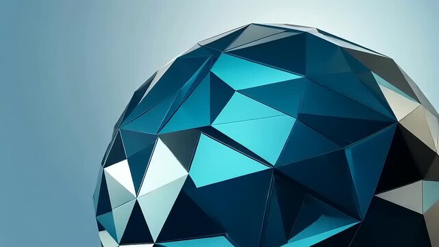 Abstract Geometric Sphere with Reflective Facets on Soft Blue Background, Creative Visualization