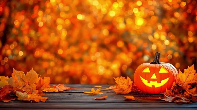 Festive halloween pumpkin with glowing smile on autumn leafy background. Halloween, All Hallows Eve, Samhain - Spooky Holiday Season, Fall Festival Celebration