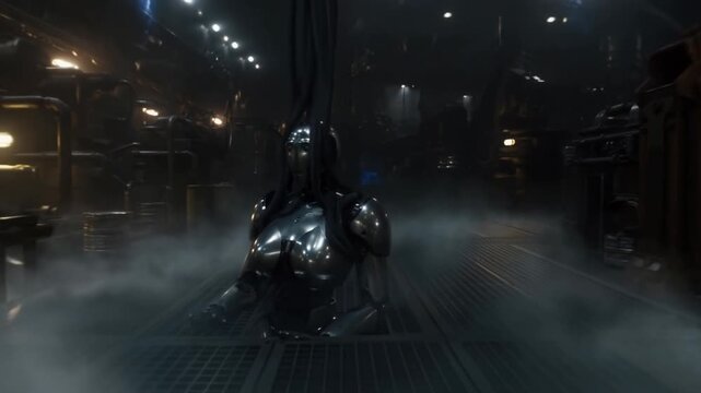 In a dark industrial hall filled with mist and blue electric sparks, a humanoid robot slowly opens its eyes for the first time. The camera begins with a close-up on its metallic eyelids, then pulls ba