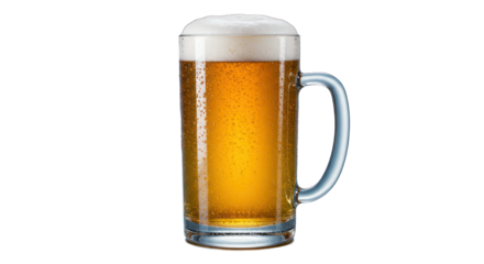 Glass mug filled with yellow beer and white foamy head on transparent background.