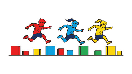 Dynamic Dash: A vibrant illustration capturing the spirit of a race featuring three energetic figures leaping over colorful blocks.