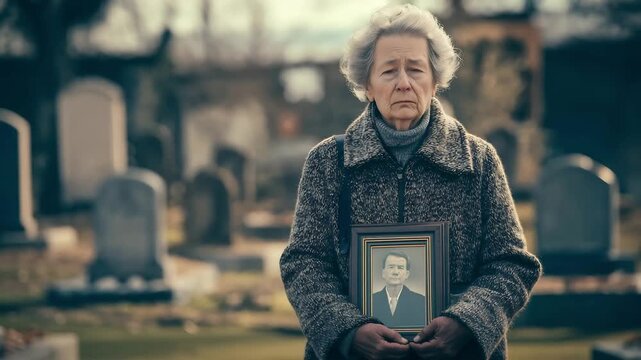 An senior woman standing alone with crying in total despair, holding a photo frame of your deceased husband in your hand in a grave yard. Parent pass away concept	
