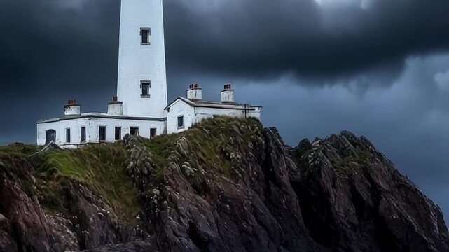 A remote white lighthouse stands firm on a jagged cliff against a dark, looming storm