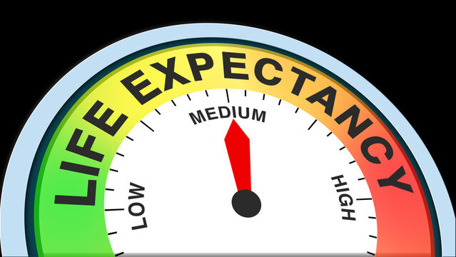Life Expectancy medium, text, word level concept illustration with barometer or tachometer meter on black background. Suitable for average lifespan, moderate health, and balanced longevity visuals
