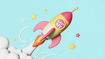 Whimsical cartoon rocket ship launching into a bright blue sky with stars