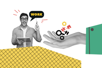Composite photo collage of happy businessman hold pencil notepad idea work hand hold icon puzzle lens gears isolated on painted background