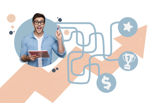 Composite photo collage of excited man hold notepad pen idea decision puzzle way choose star dollar cup isolated on painted background