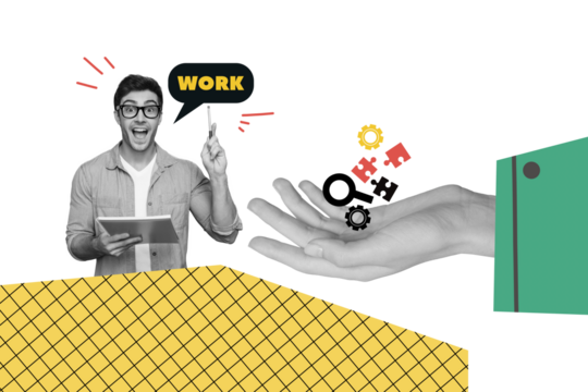 Composite photo collage of happy businessman hold pencil notepad idea work hand hold icon puzzle lens gears isolated on painted background