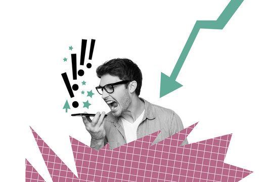 Composite photo collage of angry man shout phone arrow reduction crisis fall regress confusion decline isolated on painted background - Powered by Adobe
