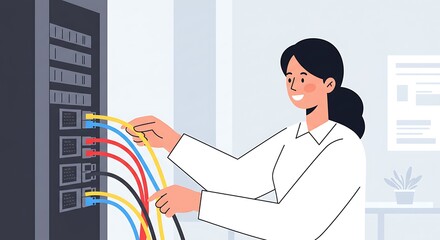 Network Technician Connecting Cables in Server Room Illustration