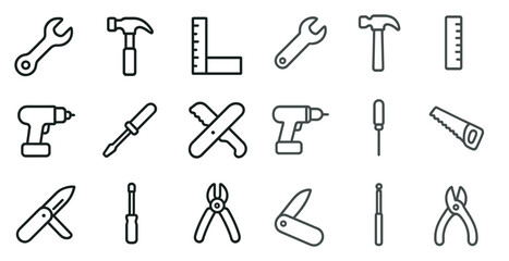 Tools and equipment outline icons set – linear, flat, workshop and diy graphics
