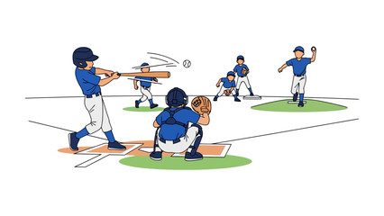Baseball Game Action: A dynamic illustration captures a baseball game in full swing, with a batter connecting with the ball, while other players engage in fielding and pitching.