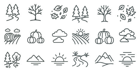 Obraz premium Nature and agriculture outline icons set – linear, line, farming and outdoor symbols.