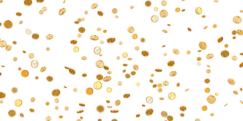 Gold coins flying in 3d rendering isolated on transparent