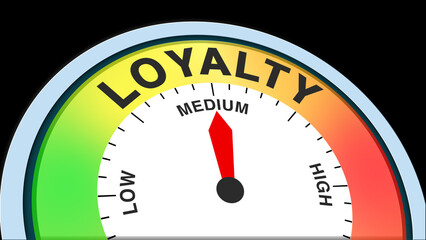 Loyalty medium, text level concept illustration with barometer or tachometer meter on black background. Suitable for balanced trust, moderate commitment, and average relationship visuals