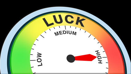 Luck high, text level concept illustration with barometer or tachometer meter on black background. Suitable for good fortune, strong chance, and positive probability or successful outcome visuals