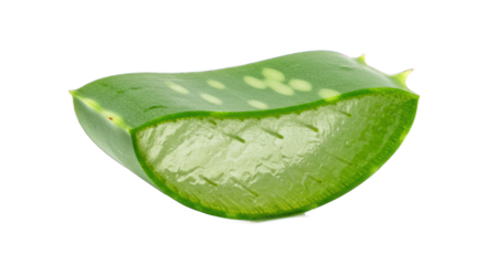 Cut aloe vera leaf with gel interior isolated on transparent background.
