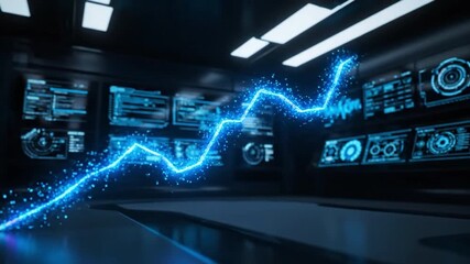 Futuristic digital data visualization featuring glowing blue line graphs and advanced interface technology for comprehensive data analysis in modern workspace with dynamic analytics display - Powered by Adobe