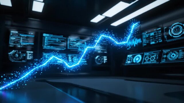 Futuristic digital data visualization featuring glowing blue line graphs and advanced interface technology for comprehensive data analysis in modern workspace with dynamic analytics display