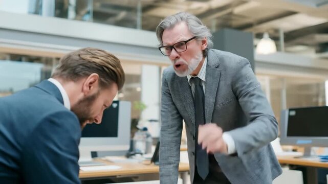 An manager in suite, He is furiously shouting, face red with anger stannding face to face with a employee deeply bowing his head in apology while standing upright at office	
