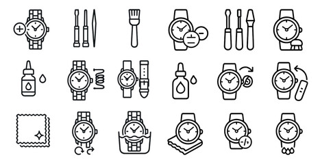 Watch maintenance line icons set – outline, repair, timepiece care tools