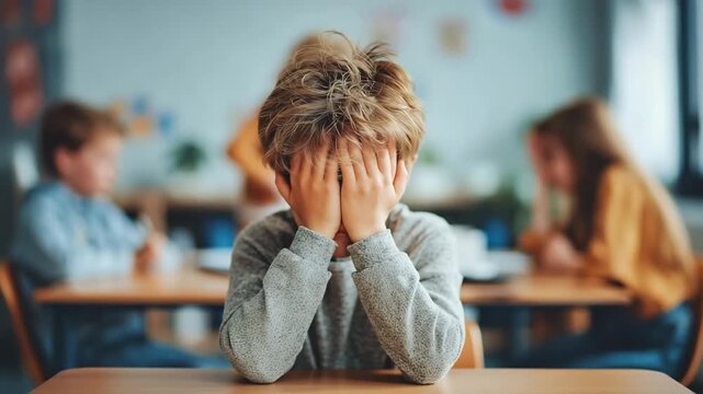 A boy crying on its own with its head in he hands, sitting alone at the table in classroom with feelings of isolation and hurt, students are gathered, laughing and pointing at him. Bullying concept	
