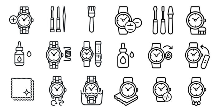 Watch maintenance line icons set – outline, repair, timepiece care tools
