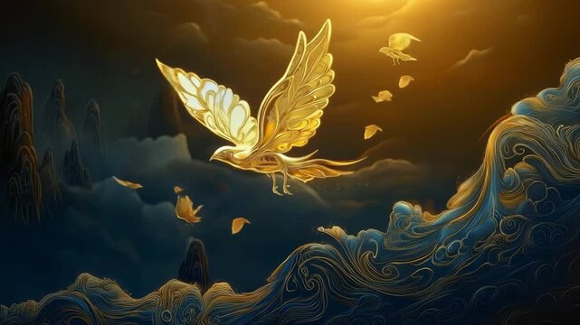 Golden phoenix bird flying over misty mountains
