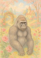 Gorilla amidst serene floral landscape.