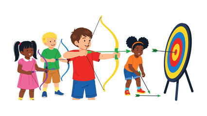 Archery Fun for Children: A group of enthusiastic young archers aim and fire their arrows at a colorful target, filled with youthful energy and friendly competition. 