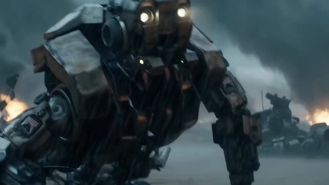 Amidst smoke and fire, a fallen robot soldier reactivates on a devastated battlefield. Its systems reboot with flashing lights as it rises slowly, surrounded by ash and rain.