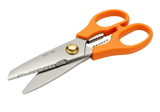Isolated orange-handled scalloped scissors for crafting and sewing projects with sharp blades