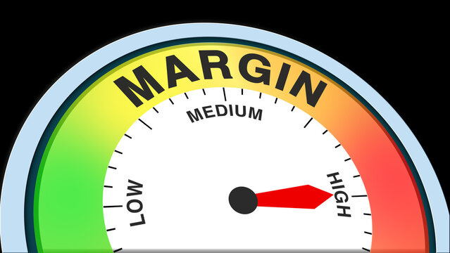 Margin high, text level concept illustration with barometer or tachometer meter on black background. Suitable for strong profit, high revenue, and excellent financial performance visuals