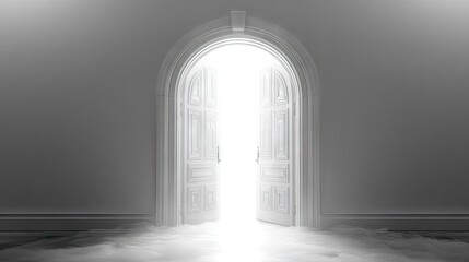 Illuminated doorway in a grayscale architectural setting