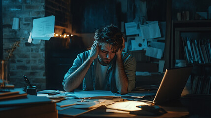 Stressed young man struggling with work overload, feeling overwhelmed by deadlines and pressure in dimly lit room, conveys burnout and mental health challenges