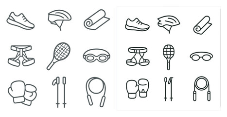 Fitness and sports outline icons set – linear, gym, athletic symbols