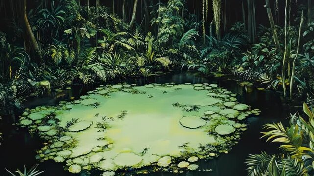 A mysterious, luminous green pond surrounded by lush, dark rainforest foliage