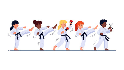 Karate Kids: A vibrant illustration captures a dynamic scene of young karate practitioners executing powerful kicks, their focused energy embodying the essence of discipline, strength.