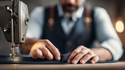 Skilled artisan focuses on sewing fabric carefully, using a designer machine in a well-equipped workshop. The atmosphere reflects dedication to craftsmanship and innovative design